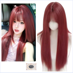65CM Wine Red Long Straight Wig With Bangs For Women Gifting Hair Net Natural Full Head Wig for Daily Life Breathable Hairpiece For Female