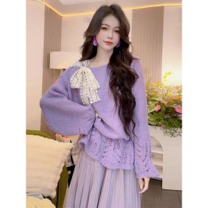 Autumn New Lace Loose and Versatile Sweet Korean Version Strap Hollow Knitted Top for Women
