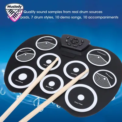 Muslady กลองอิเล็กทรอนิกส์ 10 จังหวะ 3 ระดับ Reverb 7 Tone 10 เพลงสาธิตแบบพกพาแจ็ค 3.5 มม 9 Practice Pads Roll Up กลองสำหรับเด็ก
