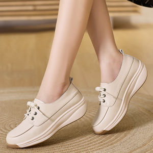 35-44 Plus Size Womens Shoes with Wedges and Real Leather Shoes with Lace-up Feet