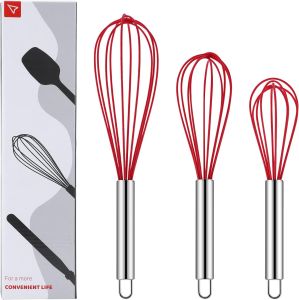 Silicone Whisk Sturdy Color Balloon Line Whisk Set of 3 Pieces Upgraded Kitchen Mixer Stainless Steel Handle Chefs Best Kitchen Tools for Cooking Stirring Mixing Battering Stirring