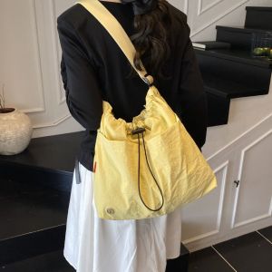 YUCHEN Korean Style Pleated Drawstring Bucket Bag Large Capacity Solid Color Nylon Shoulder Bag Casual Waterproof Cloth Crossbody Bag Women