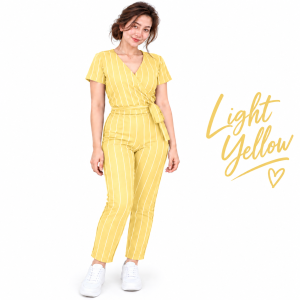Women Striped Cotton Spandex Jumpsuits V-Neck Wrap Style Comfy Casual Wear