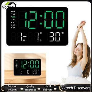 【Vodool】 LED Digital Alarm Clock Electronic Wall Clock Large Number Display Bedside Alarm Clock Multifunctional Boarderless Wall-mounted Clock for Students