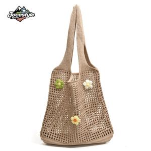 Women Knitted Tote Bag Fashion Tote Handbags with Flower Decor Hollow Out Handbag Casual Beach Bag Outdoor Travel Bag