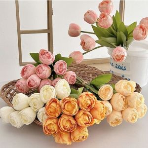 MAELIN 9pcs/bunch Silk Artificial Tulip 39cm Floral Arrangement Faux Tulip Bouquet Realistic 9 Heads Fake Flower Wedding Decoration