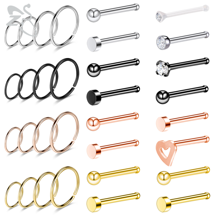 ZS 20G 10PCS Stainless Steel Hoop Nose Rings Set Rose Gold