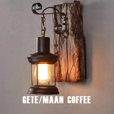 Vintage Wall Light Wood Arts Lantern Wall Mounted Hanging Light For Home Cafe Bar Bedroom Decoration