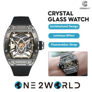 CRONUS ART CM001-059 Brown Crystal Glass Automatic Watch - Durable Silicone Band 50M Water Resistance >42H Power Reserve