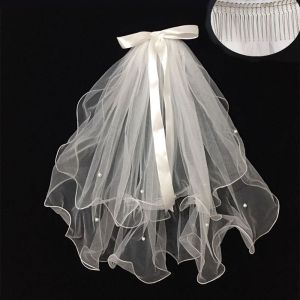 YOCKY Fashion Birthday Headdress Bridesmaid Hair Comb Pearl White Veil Wedding Veil Bow Veil Korean Bride Headwear Bride Veil