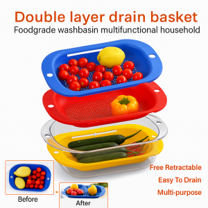 Kitchen Drain Basket Double-Layer Fruit And Vegetable Drain Basket Plastic Panning Basket Vegetable Fruit Storage Basket 果蔬沥水篮