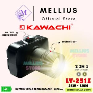 Senter Kepala Premium Kawachi 25w 25 Watt LED Super Terang LY-251Z Zoom In / Out Dual Color Putih Kuning Waterproof Lithium Cas Recas Rechargeable Isi Ulang Tahan Lama 7 Jam 4000 mAh Outdoor Headlight Camping Berburu Laz Mellius Store COD