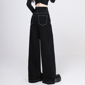 S-7XL Celana Jeans Wanita Panjang Pinggang Tinggi Hitam Longgar Celana Lurus Celana Kaki Lebar Kancing Ganda