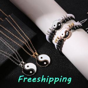 baoxue 2Pcs Tai Chi Yin Yang Couple Bracelets Necklaces Set Pendant Adjustable Braid Chain Bracelet Matching Lover Bracelets Choker
