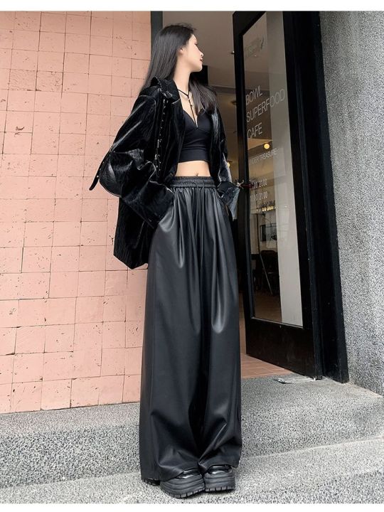 Korean Style Black Drape PU Leather Pants for Women: High Waisted Loose Fit  Slimming Wide Leg Mop Pants Lazada PH