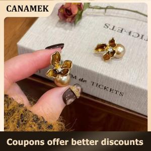 【 CANAMEK 】 Vintage Enamel Brown Iris Flower Pearl Earrings For Women Gently Temperament Earrings Fashion Jewelry Accessories Gifts