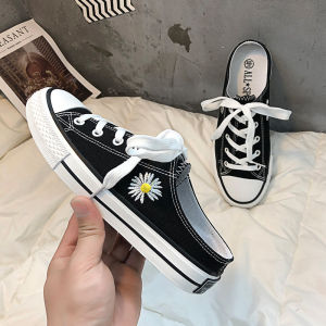 Giày Trắng Nửa Dép ins Giày Vải Hoa Cúc Nhỏ Nữ 2023 Giày Lười Học Sinh Phong Cách Hàn Quốc Mẫu Mới Xuân Hè