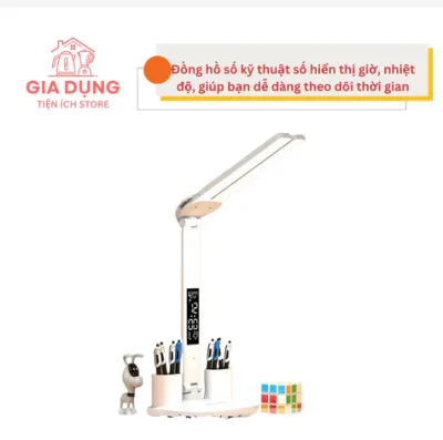 Đèn học led để bàn có quạt đồng hồ hiển thị LCD