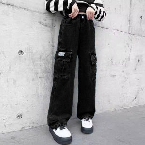American Style Boys Workwear Denim Pants Loose Wide-leg Pants Boys Black Long Pants Casual Sports Pants
