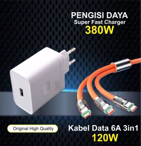 Charger 380W RENO 8 Fast Charging + Kabel Data 3in1 120W (Micro Type C & Lightning) Pengisian Daya Cepat 6A Super Quick Charging