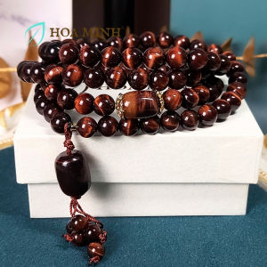 Vòng chuỗi 108 hạt đá Mắt Hổ nâu đỏ size hạt 8 li phối lu thống mắt hổ charm ốp hoa vàng xi sang trọng an nhiên | Hoa Minh Gem