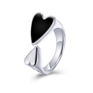 Stylish Black Heart Shaped Ring Adjustable Finger Ring Silver For Women Fashion Accessories Birthday Present
