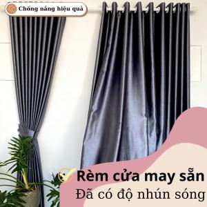 Rèm vải chống nắng màu xám đậm họa tiết bông nhỏ may hoàn thiện có độ nhún sóng rèm cửa sola