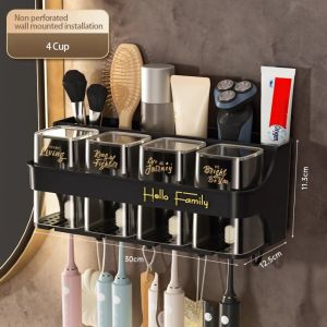 VOYUE with Cup Toothbrush Holder Wall Mounted Nail-Free Toothpaste Dispenser High Quality Black Storage Holder Bathroom