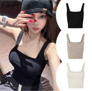 ChoiFoo Rompi Kerah สี่เหลี่ยมเสื้อบังทรงของผู้หญิงสำหรับฤดูร้อนเสื้อแขนกุดผ้าถักเด็กผู้หญิงเข้ารูปพอดีเสื้อแขนกุดเรียบง่ายสีทึบเสื้อเอวลอยนุ่มสบายเย็นระบายอากาศได้ดีเสื้อแขนกุด