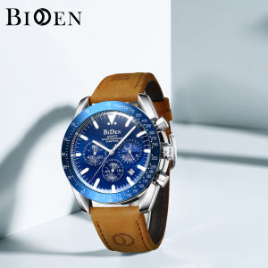 BIDEN Jam Tangan Pria Mewah Kasual Kuarsa Tahan Air Tampilan Tanggal Chronograph Multi Fungsi Gelang Kulit