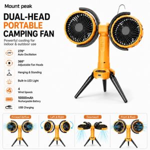 Dual-head portable fan 10000mAh rechargeable USB fan with LED light automatic oscillating cooling fan foldable desktop fan for camping and outdoor tents.