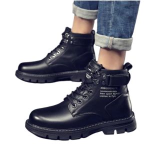 Men’s High-Cut Black Leather Shoes – Stylish Combat Boots Durable School Uniform Footwear Classic Block Sole Sapatos Design