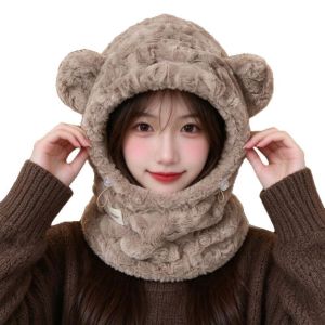 STYLETENK Thickened Warm Hat Scarf Combo Cute Bear Ear Windproof Winter Balaclava Gifts Adjustable Drawstring Plush Hooded Hat Winter Outdoor