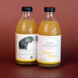 Releaf Lemon Ginger Tea Kombucha (300ml) Natural Probiotics Gluten & Lactose Free No Preservatives & Coloring Low Calories & Sugar