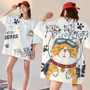 Blouses Women new style 2025 European and American street style anime oversized T-shirt round neck high-quality trendy brand black and white couple T-shirt
