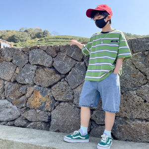 Tween Cậu bé Bộ quần áo mùa hè Trẻ em Áo thun sọc bông giản dị & Quần short denim 2 mảnh Bộ đồ dành cho thanh thiếu niên Trẻ em Quần áo sang trọng Trang phục2026