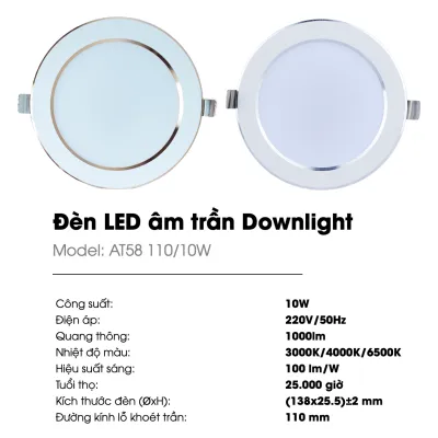 (Rạng Đông) Đèn LED âm trần Downlight Viền vàng/bạc AT58 8W 10W 12W Ánh sáng trắng 6500K Đổi 3 màu