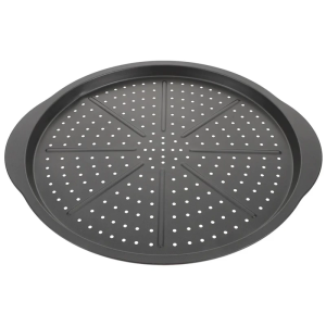 Round Perforated Pizza Pan 15Inch Carbon Steel Nonstick Coating Even Baking Sheet with Handle Oven Safe Cooking Tray