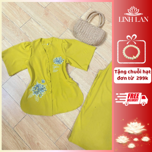 Đồ Lam Đi Chùa Nữ Thêu Hoa Bỉ Ngạn Pháp Phục Đi Lễ Hành Hương Thêu Hoa Quần Ống Rộng