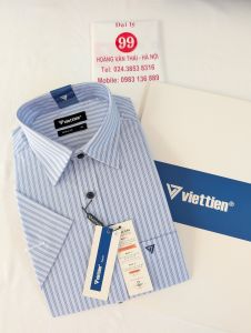 [Việt Tiến] Áo Sơ Mi Ngắn Tay - Regular (Suông) - Vạt Vuông -Kẻ sọc xanh