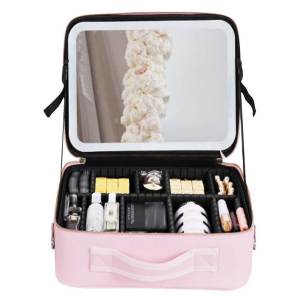 Pink LED Cosmetic Bag with Mirror Large Capacity Travel Makeup Organizer for Women Waterproof Durable