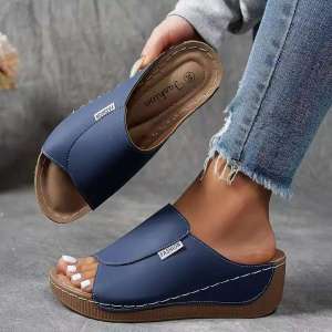 Large Size Thick-Soled Casual WomenS Slippers 2025 New Model Wide Strap Simple Fashion Peep-Toe Wedge Heel Slippers For Women