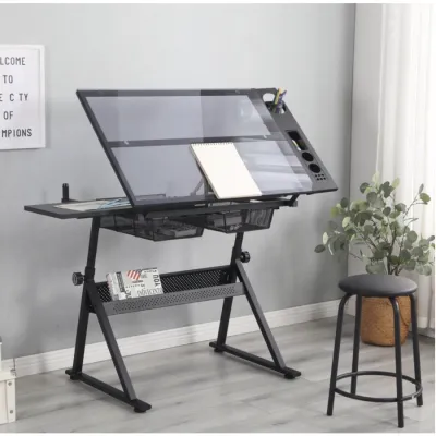 Drafting glass table drawing table with extra side table drawers and leather