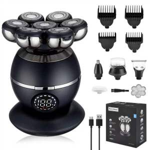 Electric razor equipped with seven blades specially designed for shaving a bald head. Multi-functional shaving set