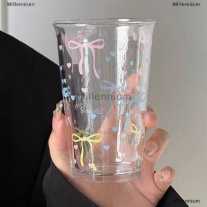 [COD] Millennium Bow Glass Cute Water Cup Cartoon Bow Glass Cup Striped Cute Doodle Coffee Mug Household Fruit Tea Lemonade Girls Gift