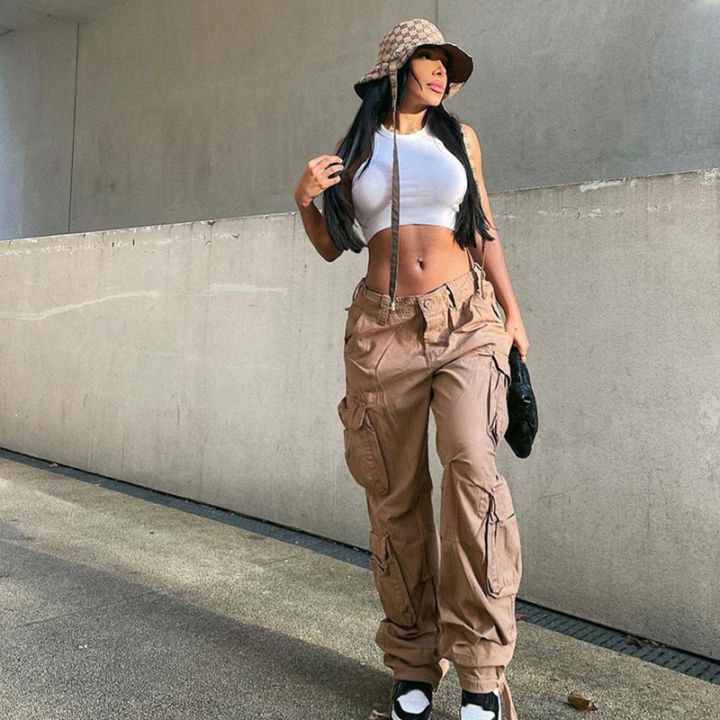 Vintage High Waist Denim Cargo Pants For Women Casual Baggy Style