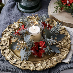 [Mariannes] Christmas Candlestick Wreath Artificial Flowers Candle Ring Xmas New Year Table Decoration Candle Holder Garland