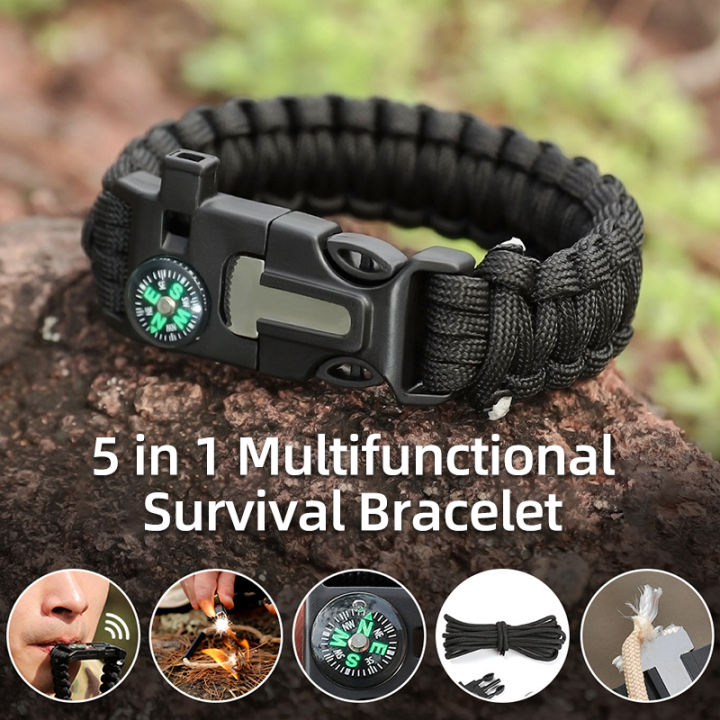 outdoor 5 In 1 Compass Whistle Flint Fire Starter Survival Bracelet Gear Camping Bracelet