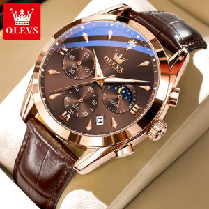 OLEVS 3609 Quartz Men Fashion Watch Gift Round-dial Leather Watchband Wristwatch Calendar Small second