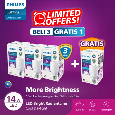 Philips Lampu LED Paket Beli 3 Gratis 1 Lampu Radiantline LED Bright 14W 6500K Putih